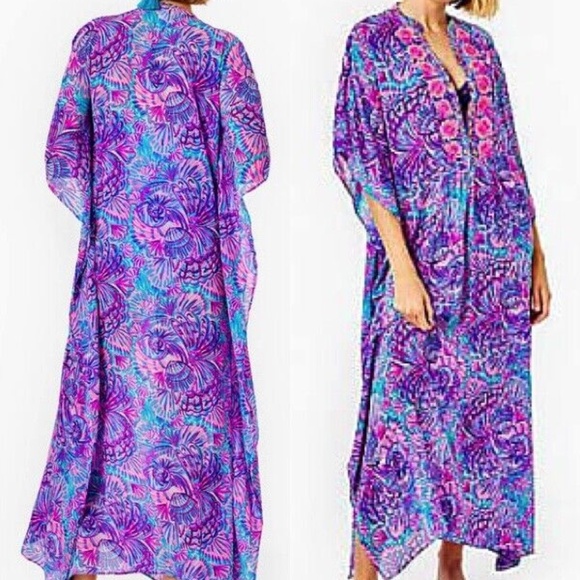 NWT LILLY PULITZER ROSSI CAFTAN/COVER TURQUOISE OASIS SHELLEIDOSCOPE - Picture 6 of 9